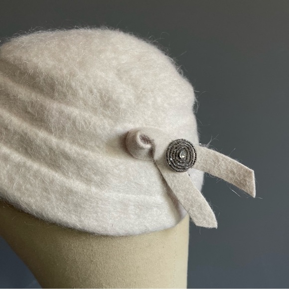 Vintage Ivory Angora Wool Cloche Hat Bow Detail Soft Minimal Luxe Dainty French